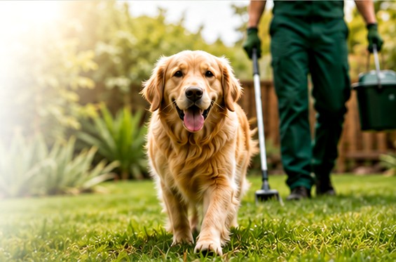 Dog in a clean backyard during yard service
